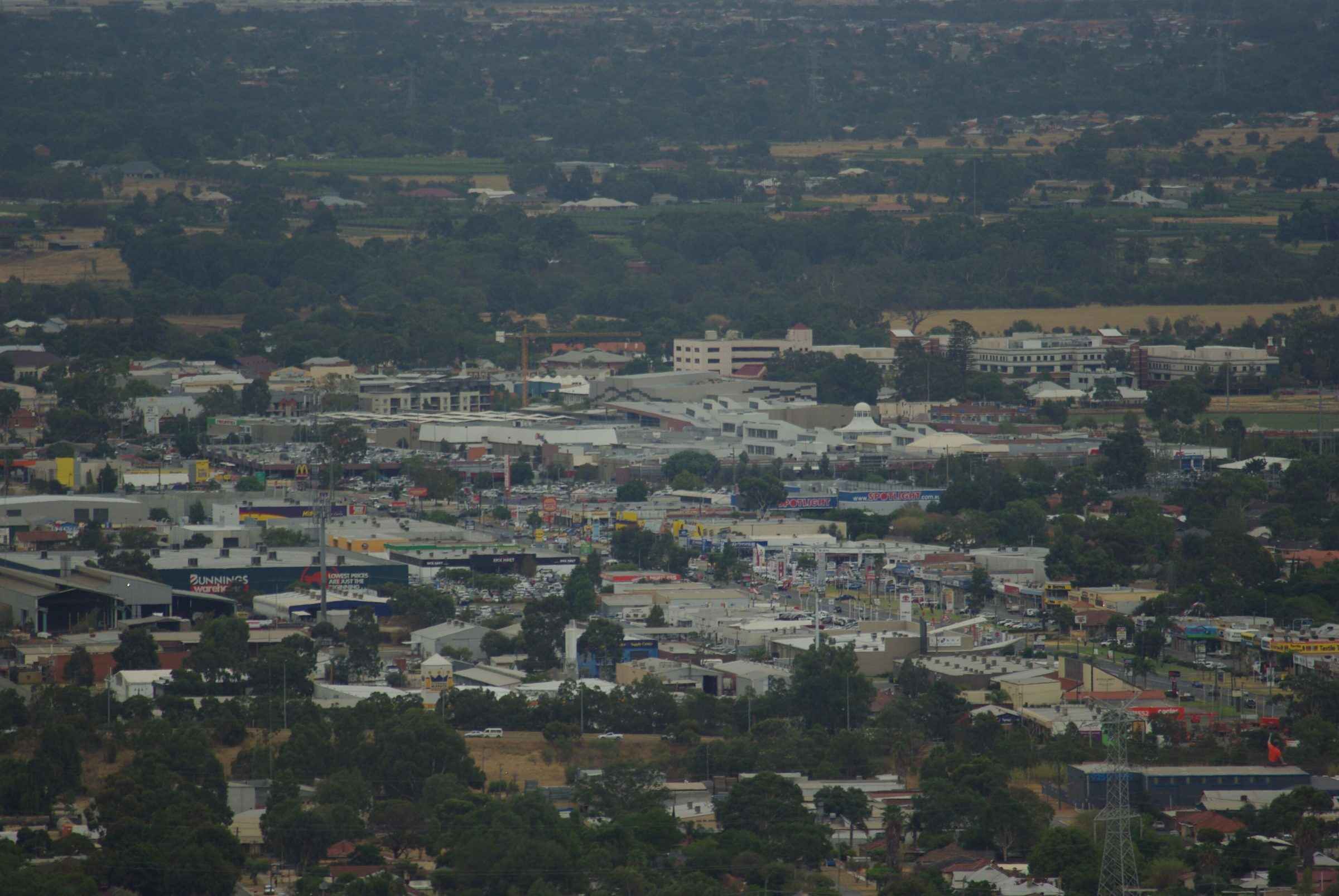 View over Midland from Greenmount National Park, with Great Eastern Highway running diagonally across the town